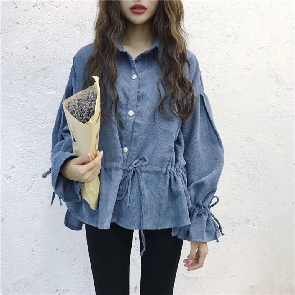 Drawcord Waist Corduroy Blue Blouse Shirt